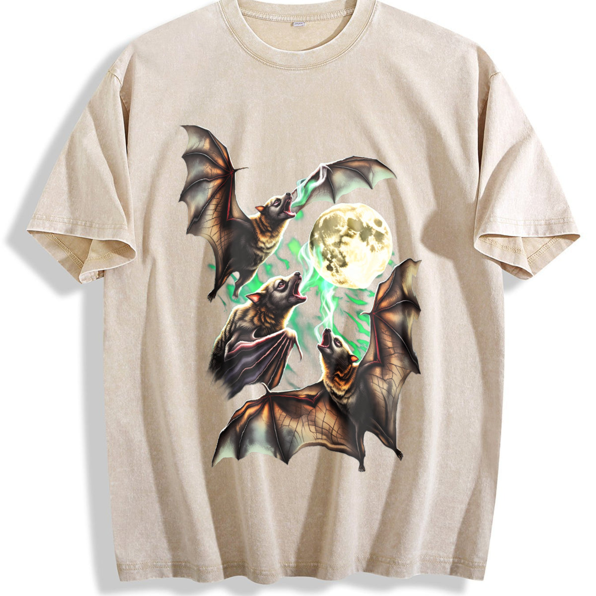 Bats Howling To Moon 90s Vintage Washed T-Shirt - Beige