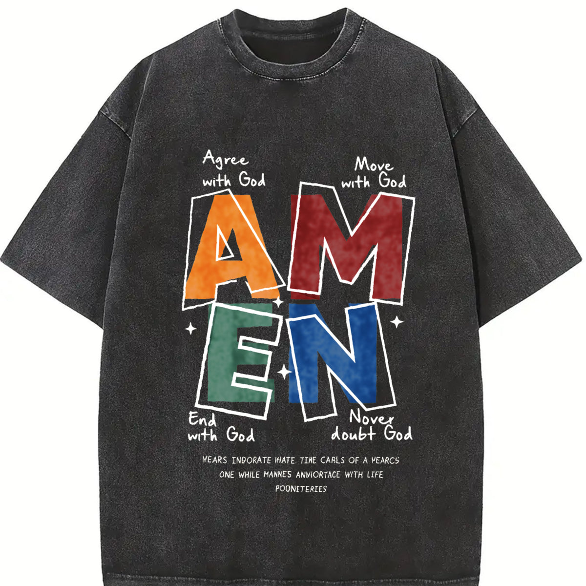 AMEN,Agree With God,Move With God,End With God,Never Doubt God, Classic Letter Header Design, Shoulder Drop Design, God Bless You, Classic Retro Fashion Casual Popular Color Letter Pattern Printed Boutique 230g Washed Cotton T-Shirt, Men's washed pure cot