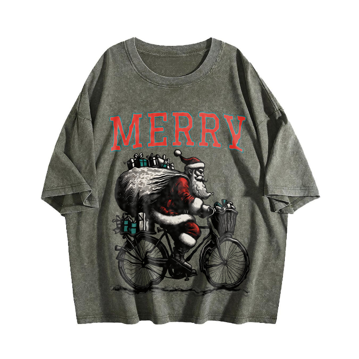 Merry Santa Riding Bike 90s Vintage Washed T-Shirt - product view