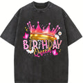 Birthday Queen Cartoon Printed T-Shirt - Casual Crew Neck, Polyester, Spring/Summer, Regular Length, Knit Fabric, 180 g/m²