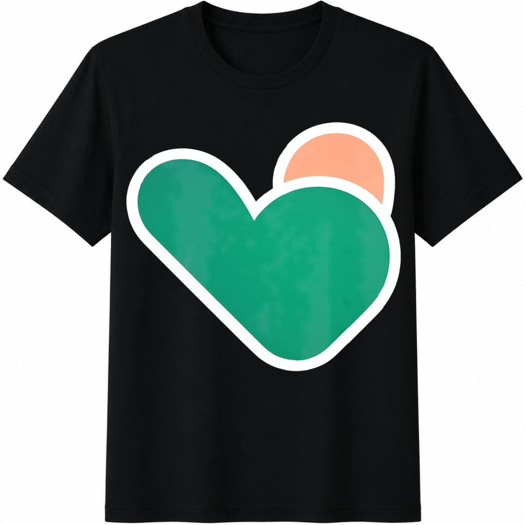 Green And Orange Heart-shaped American Cotton T-Shirt - Black