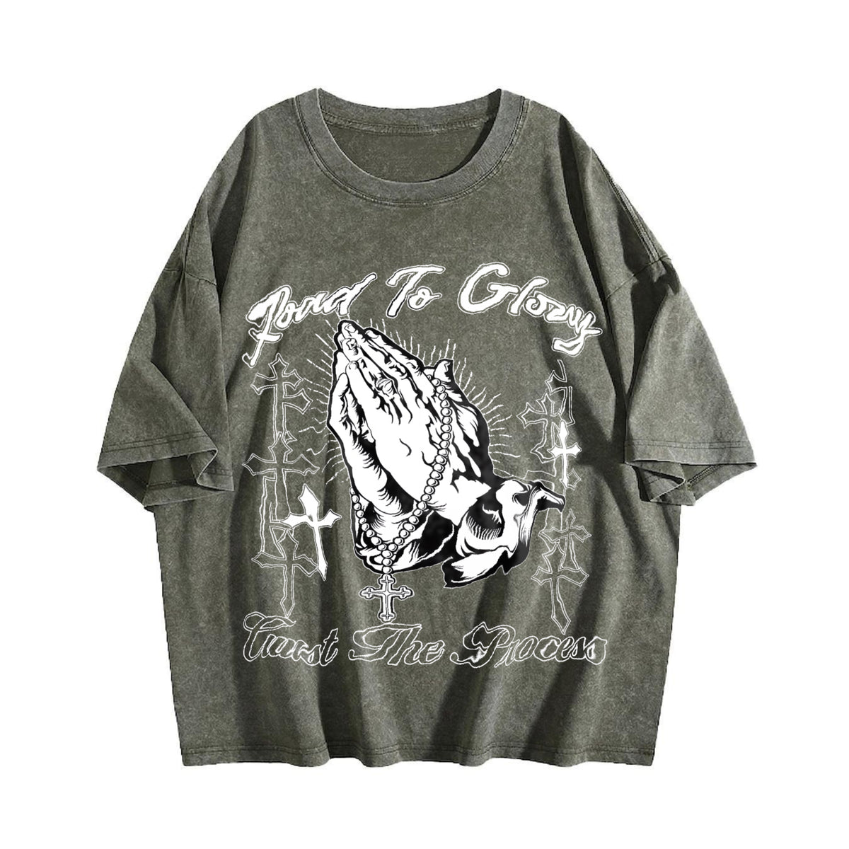 Road To Glory Praying Hands Cross Vintage Washed T-Shirt - product view