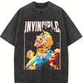 valentine shirts 230G Washed Cotton-Shirt, Men'S Casual Fashion, With Dark 'Invincible Comic Character Pattern And Text INVINCIBLE' Print, Outdoor Sports-Shirt |   Loose Fit |   Soft Knitted-Shirt