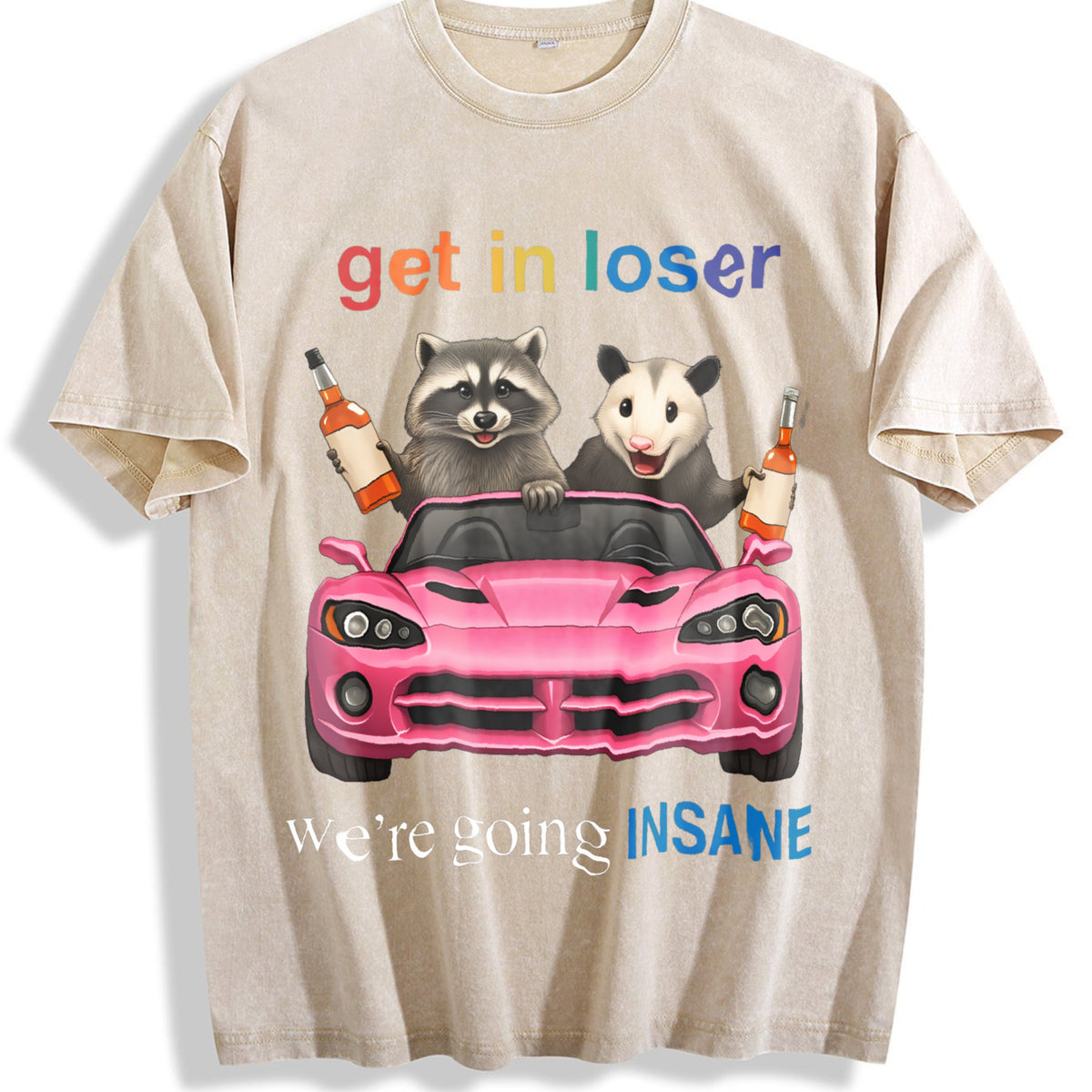 Funny Raccoon Opossum : Get In Loser Meme Vintage Washed T-Shirt - Beige