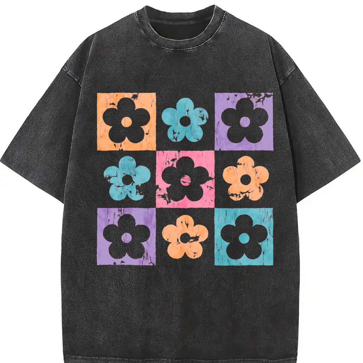 Comfort Colors Checkered Flowers Shirt, Retro Checkered Spring Shirts for Women, Boho Floral T Shirt, Floral Easter Shirt, Trendy Oversized Crewneck