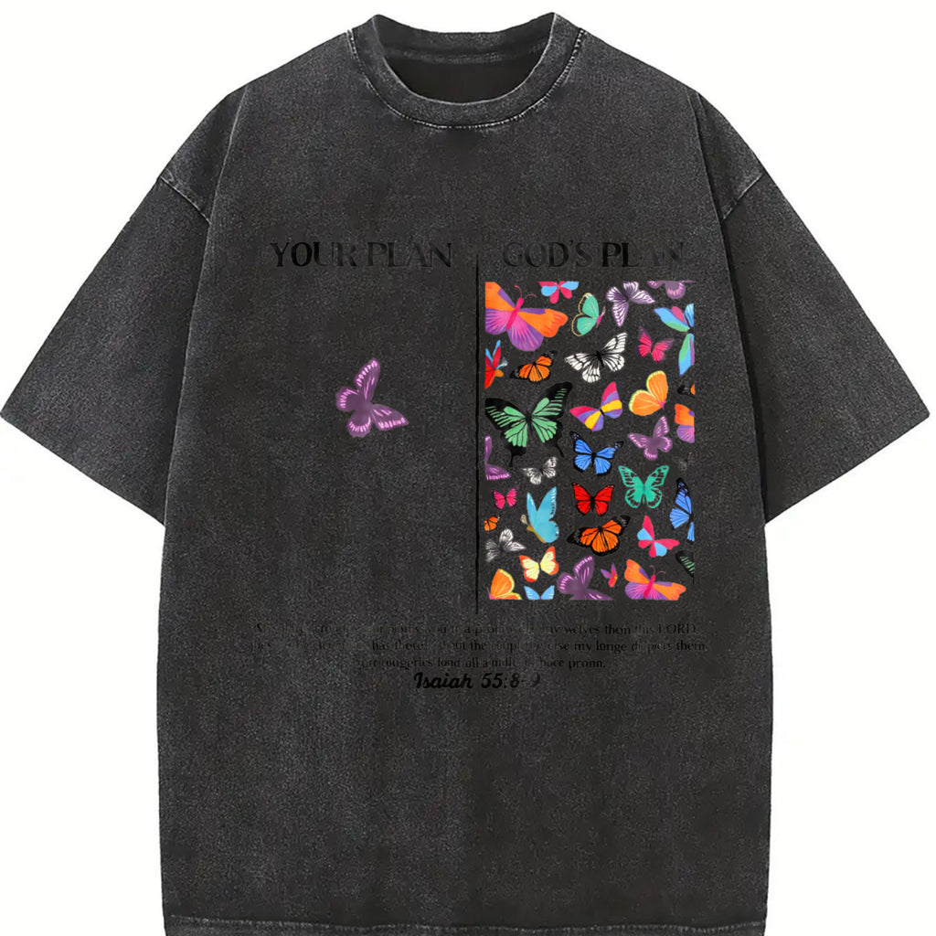 Oversize Jesus Butterflies God‘s Plan Wash Shirt S~5XL Oversize Unisex Washed T-Shirt for Women and Men's Unisex Fit Batik Cotton Oversize Streetwear Menswear  Super Soft Pre-Shrunk