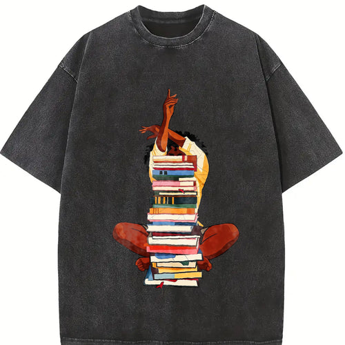 100 Black Woman And Books Stack Afro Girl Book Lover Vintage Washed T-Shirt - product view