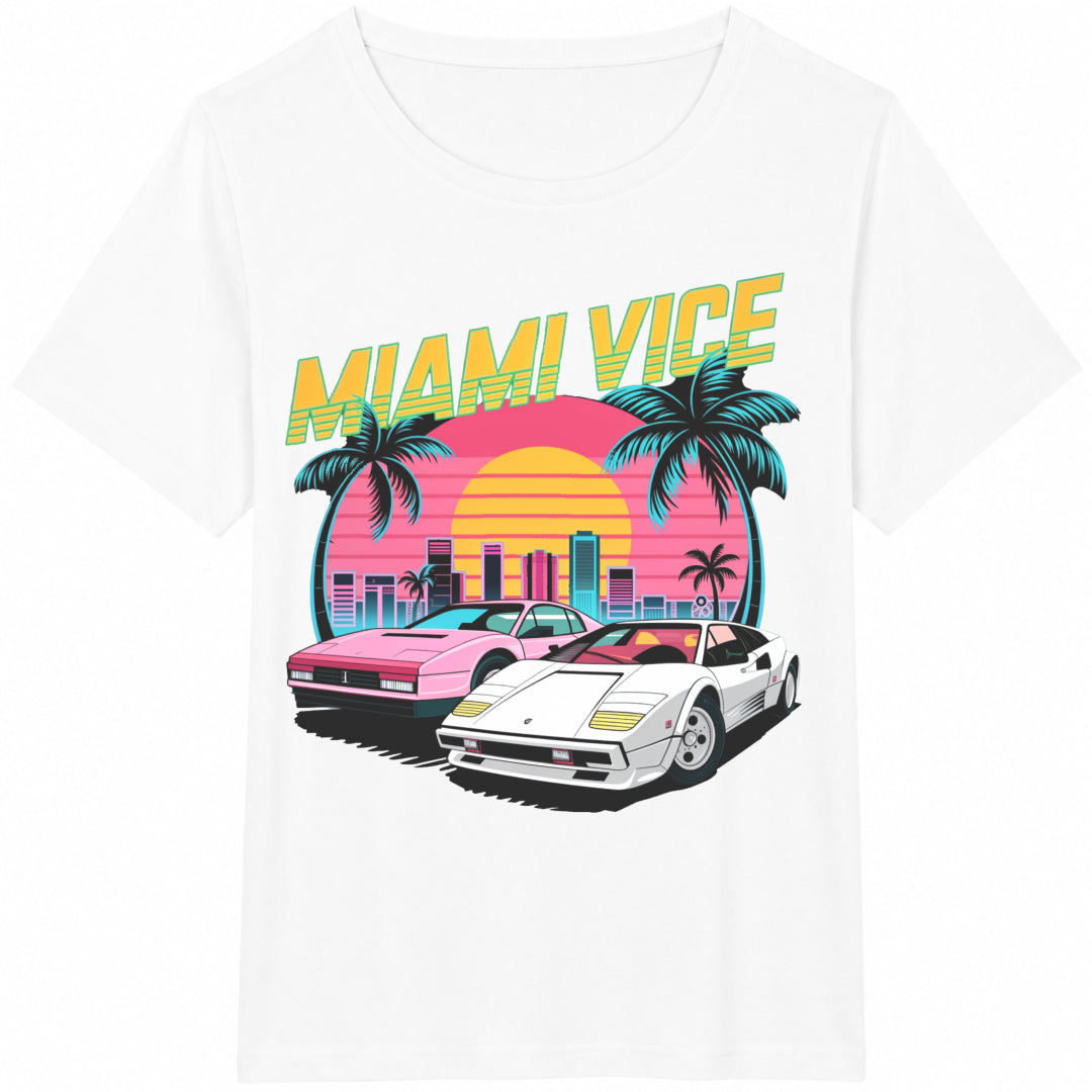 Miami Vice Sunset Cars Palm Trees Cityscape Cotton T-Shirt - product view