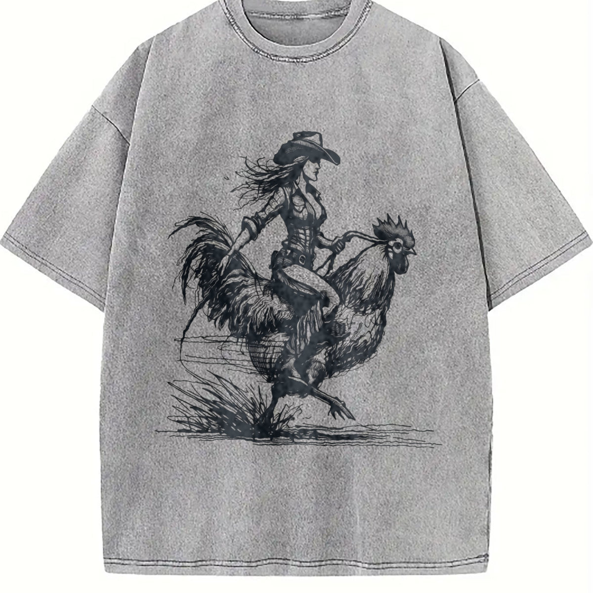 Funny Cowgirl Riding Chicken 90s Vintage Washed T-Shirt - product view