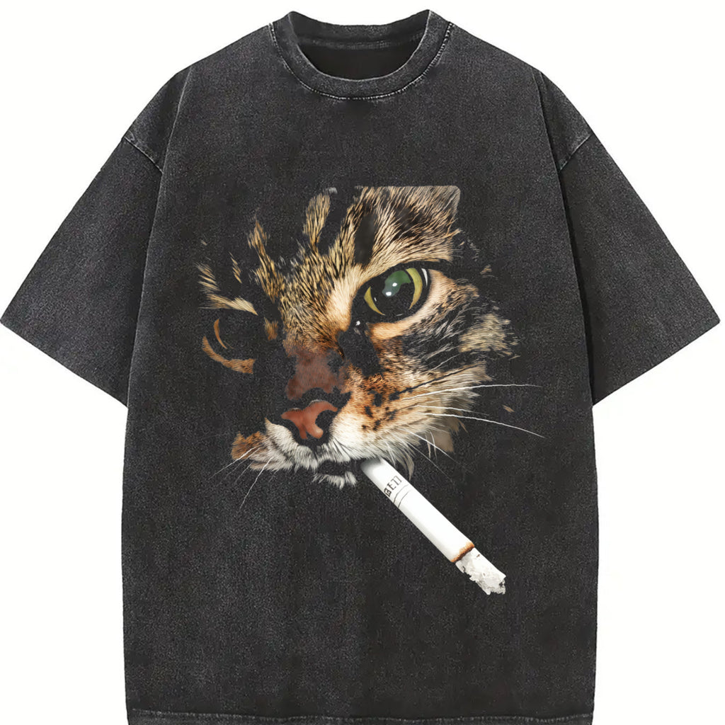 Funny Smoking Cat Graphic Print Washed T Shirt 230g, Men's Casual 100% Cotton T-Shirt, Rban Fashion Top For Halloween, Parties & Casual Attire, Halloween Clothes, Party Attire, Playful Edgy Print, Breathable Fabric, Casual Wear, Comfortable Fit
