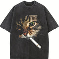 Funny Smoking Cat Graphic Print Washed T Shirt 230g, Men's Casual 100% Cotton T-Shirt, Rban Fashion Top For Halloween, Parties & Casual Attire, Halloween Clothes, Party Attire, Playful Edgy Print, Breathable Fabric, Casual Wear, Comfortable Fit