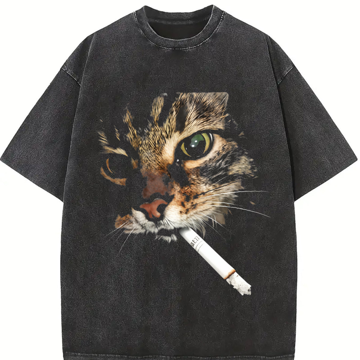 Funny Smoking Cat Graphic Print Washed T Shirt 230g, Men's Casual 100% Cotton T-Shirt, Rban Fashion Top For Halloween, Parties & Casual Attire, Halloween Clothes, Party Attire, Playful Edgy Print, Breathable Fabric, Casual Wear, Comfortable Fit