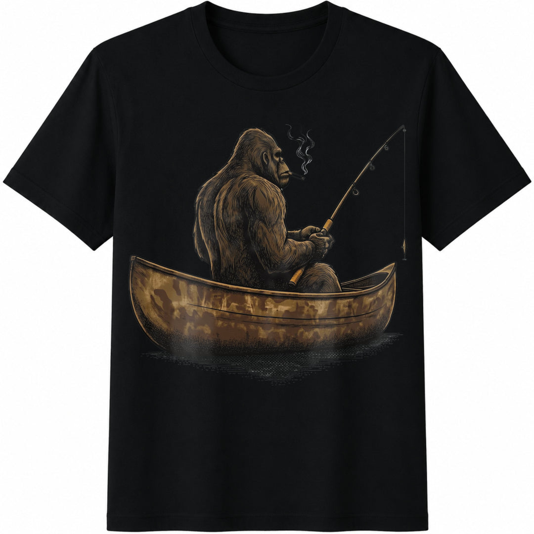Funny Bigfoot Fishing Cotton T-Shirt - Black