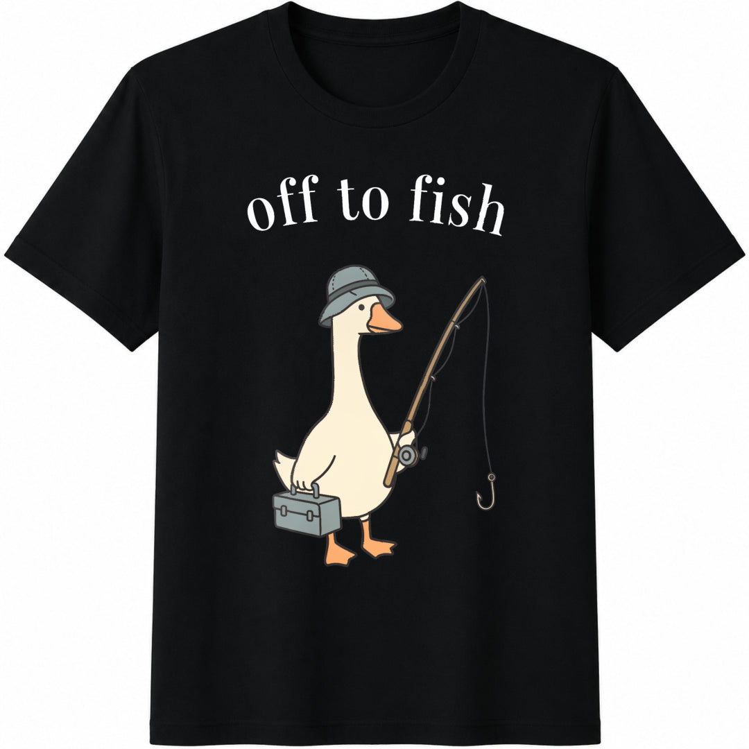Funny Fishing Goose Cotton T-Shirt - Black