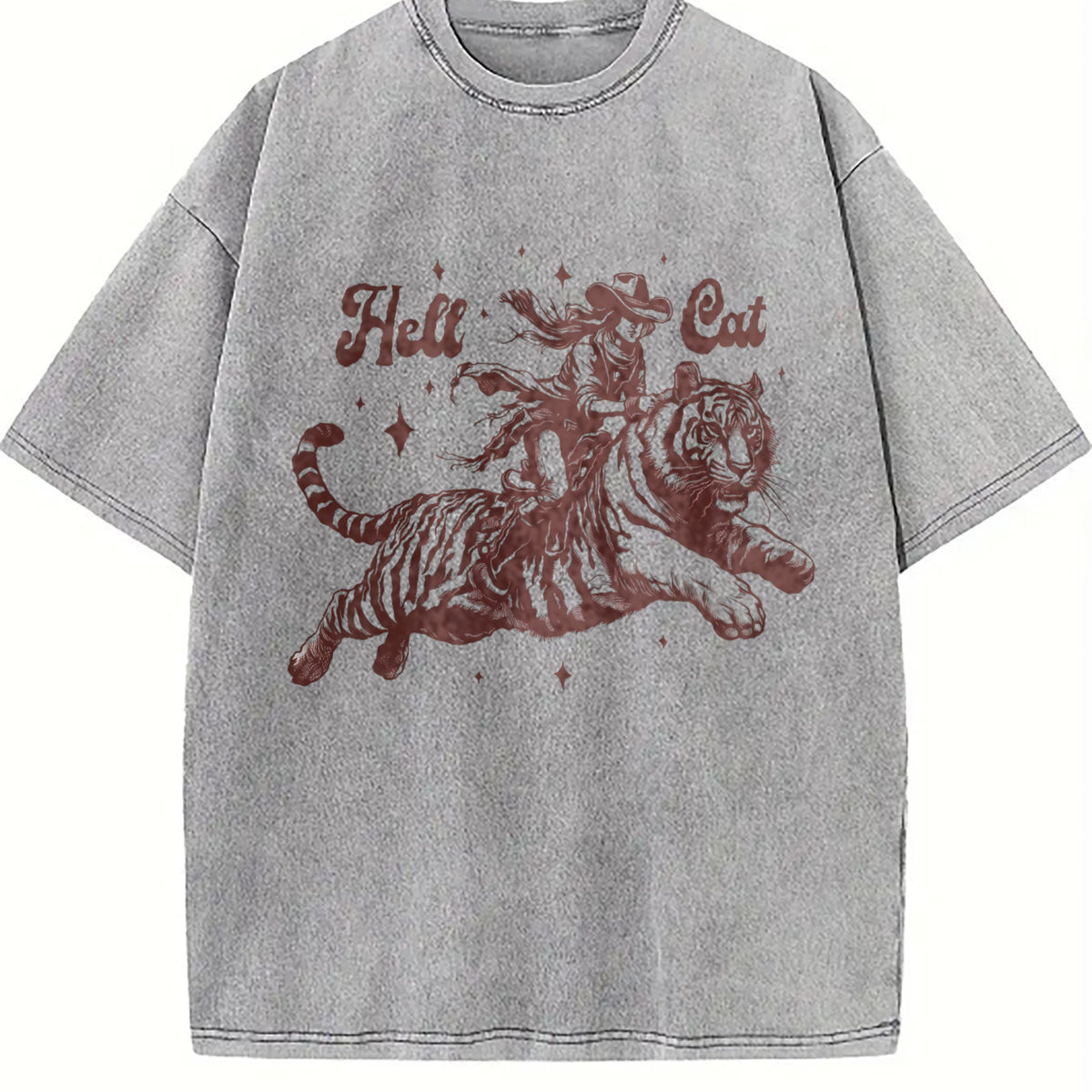 Hell Cat Cowgirl Riding Tiger Vintage Washed T-Shirt - product view