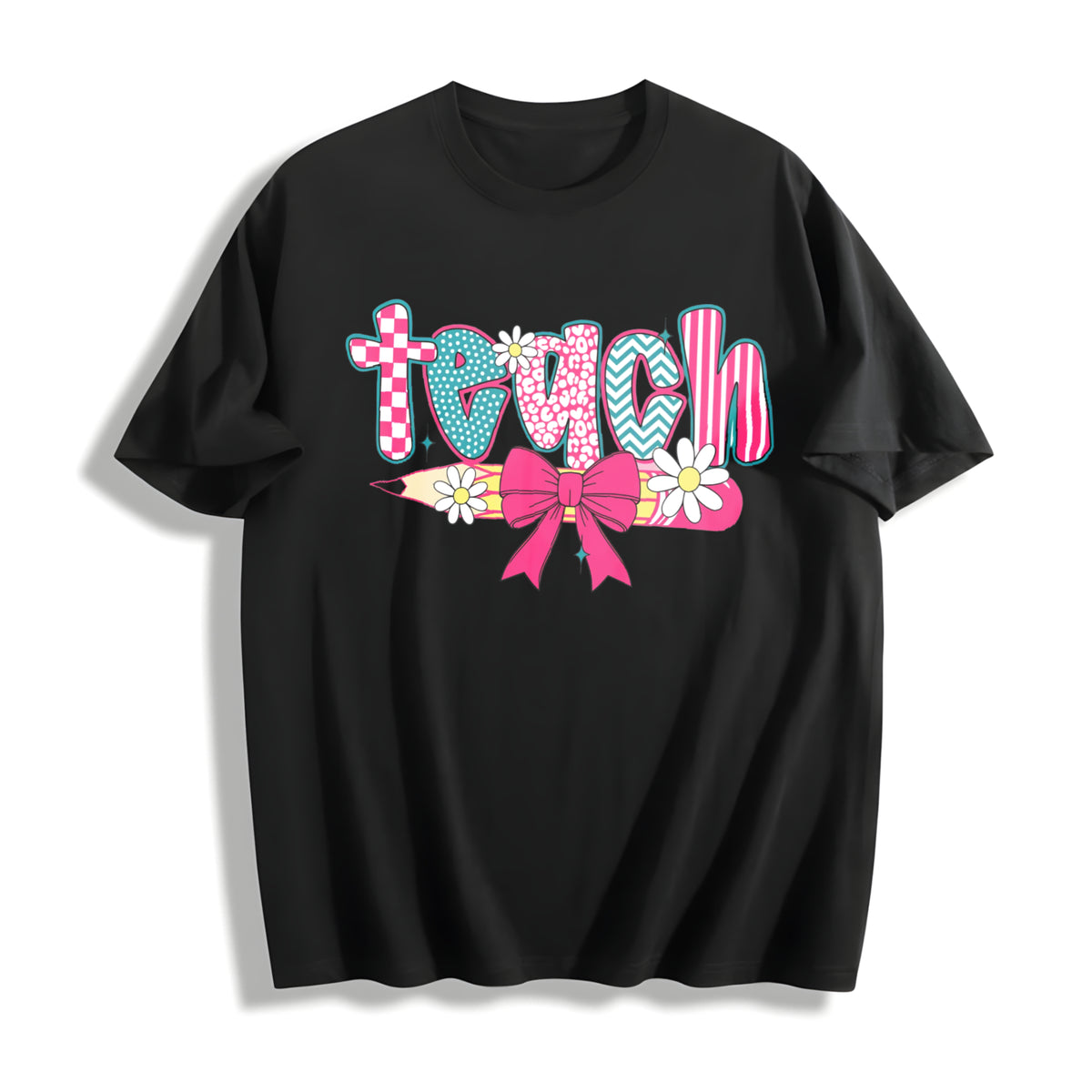Checkered Teacher Cotton T-Shirt - Black