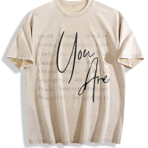 - Inspirational Quote 'you Are Loved & Valued' Vintage Washed T-Shirt - Beige
