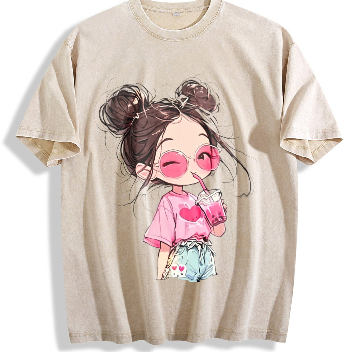 Messy Bun Girl with Pink Drink Vintage Washed T-Shirt - Beige