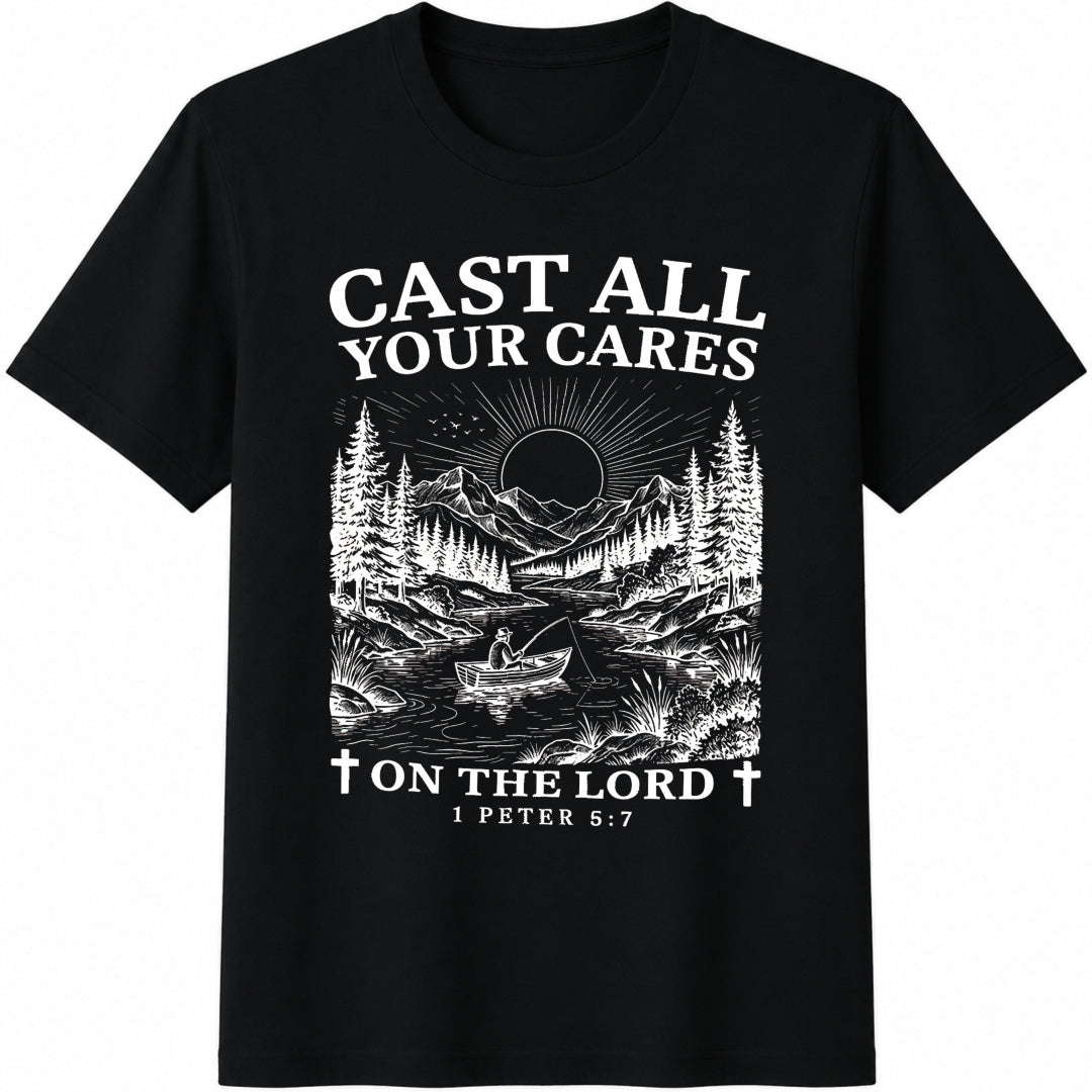 Christian Cast All Your Cares Lord 1 Peter 5:7 Nature River Cotton T-Shirt - Black