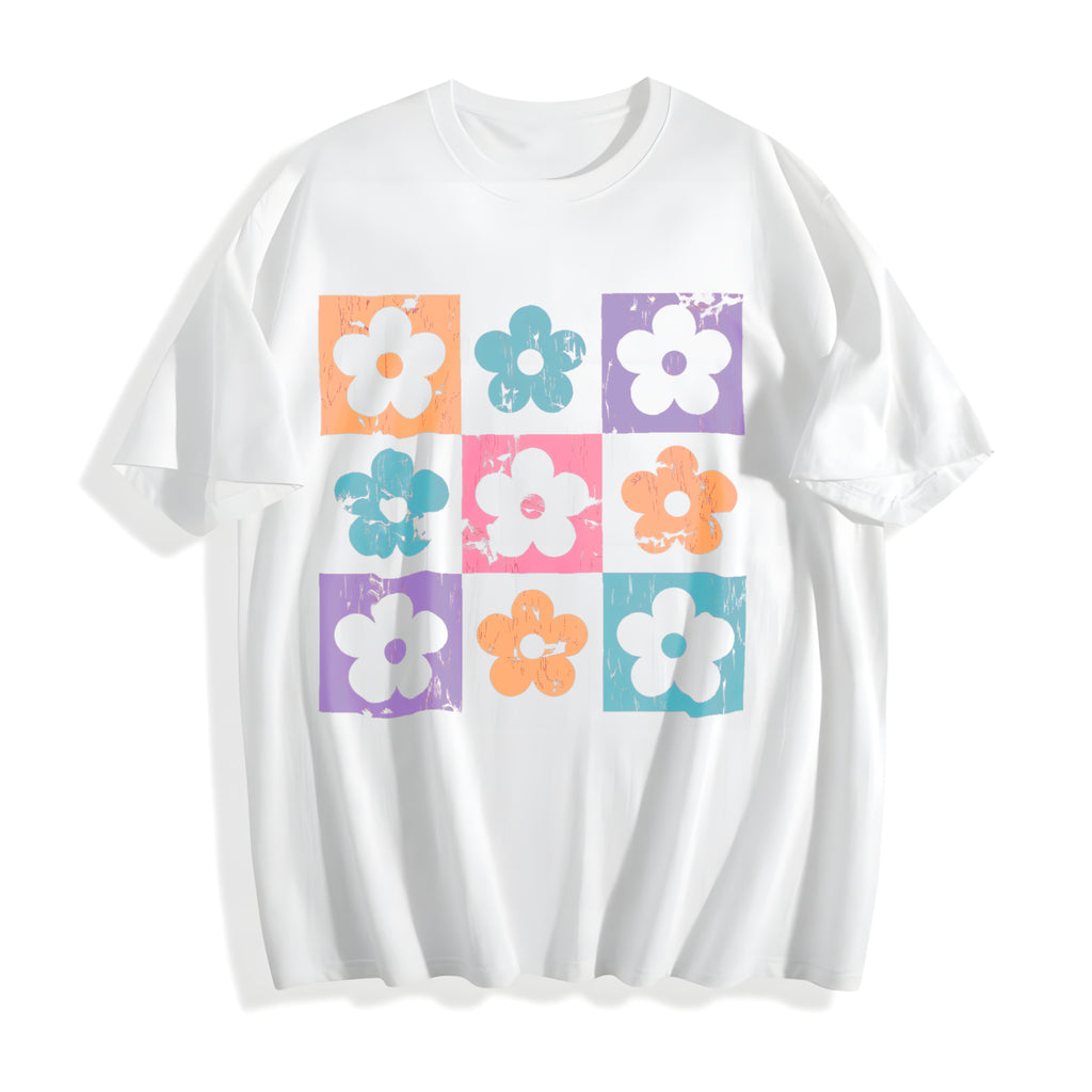 Checkered Flowers Cotton T-Shirt - product view