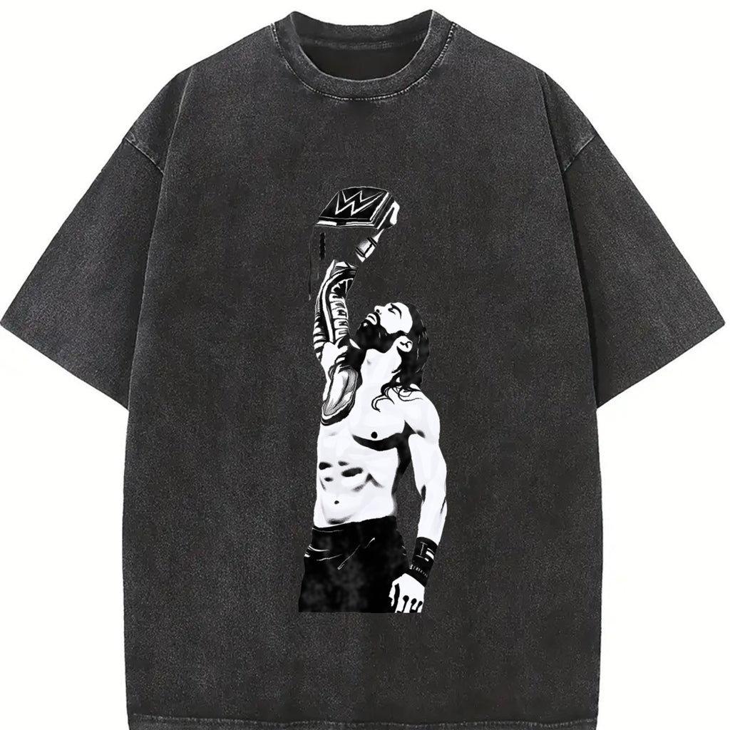 WWE Roman Reigns Washed T-Shirt | Vintage Graphic Design | Iconic Wrestling Print | Classic Fan Apparel Cotton Fabric washed streetwear tee shirt fast shipping Menswear Soft