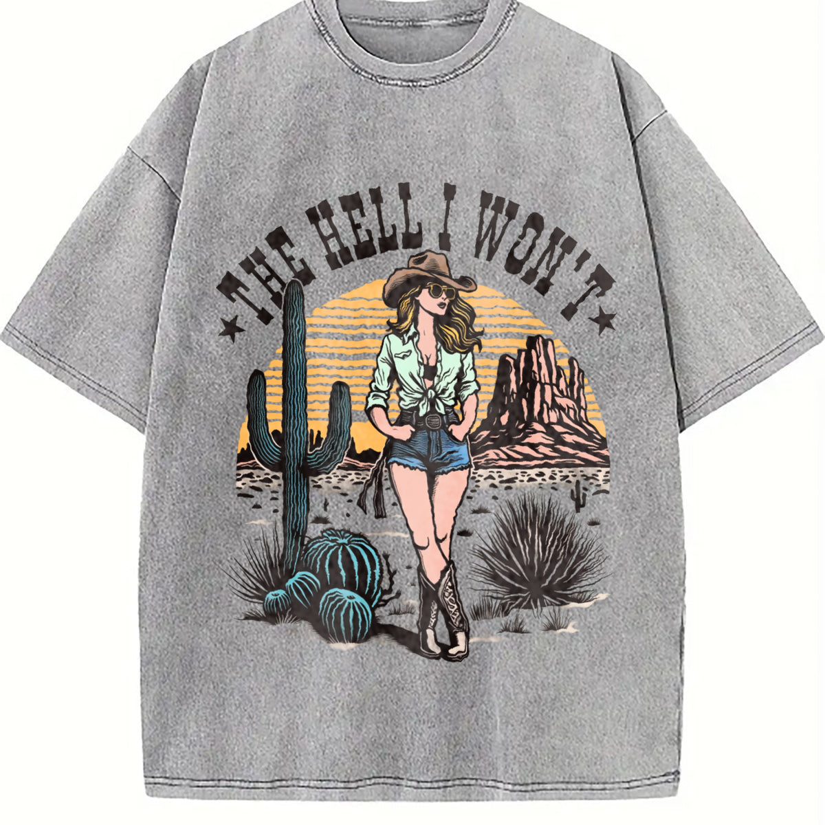 Cowgirl The Hell I Won't Western 90s Vintage Washed T-Shirt - product view