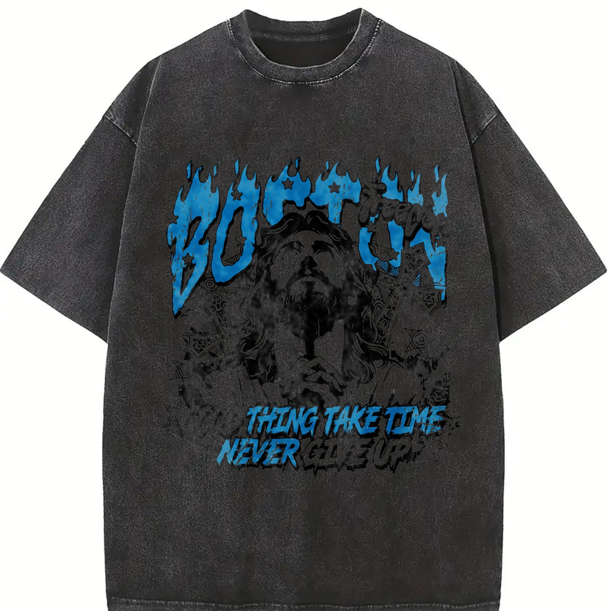 Boston Jesus Cross White Grunge Vintage Washed T-Shirt - product view