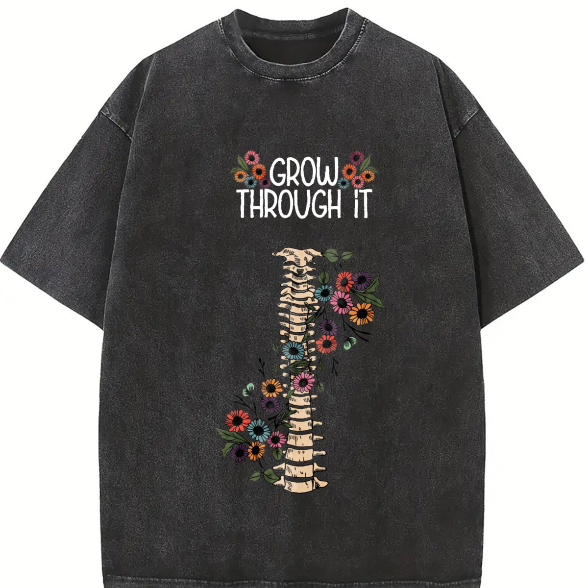 230g Washed Cotton Unisex T-Shirt - Dual-Sided GROW THROUGH IT & Floral Print, Retro Vintage Loose Fit Short Sleeve Top for Men & Women, Spring Summer Casual Wear boyfriend  tees