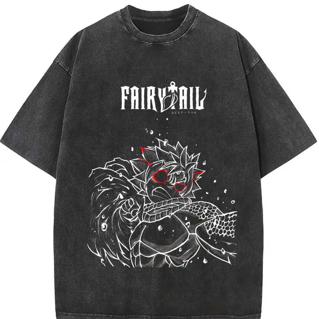 wicked Natsu Dragneel Fairy Tail Anime Double Printed Vintage Washed Tee Unisex Oversize Anime Manga Washed Heavyweight Cotton T-shirt boyfriend  tees