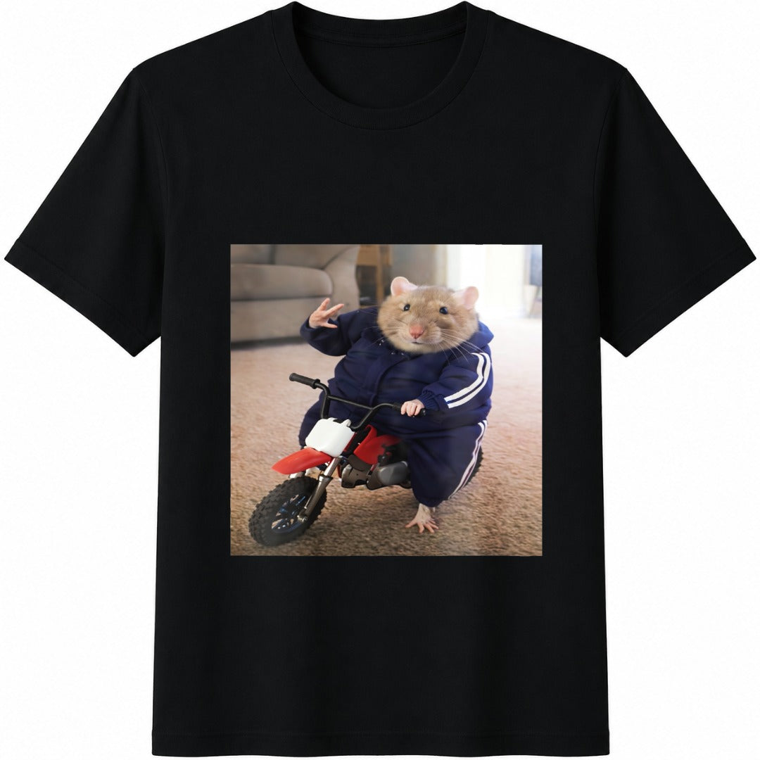 Funny Hamster Biker Cotton T-Shirt - Black
