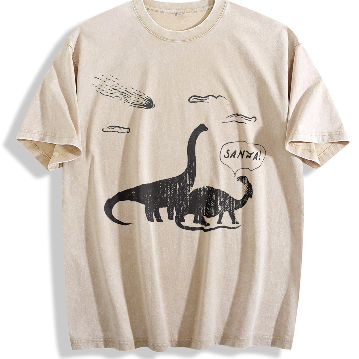 Santa Dinosaurs Funny Xmas Dino Meteor Extinction Joke Vintage Washed T-Shirt - Beige