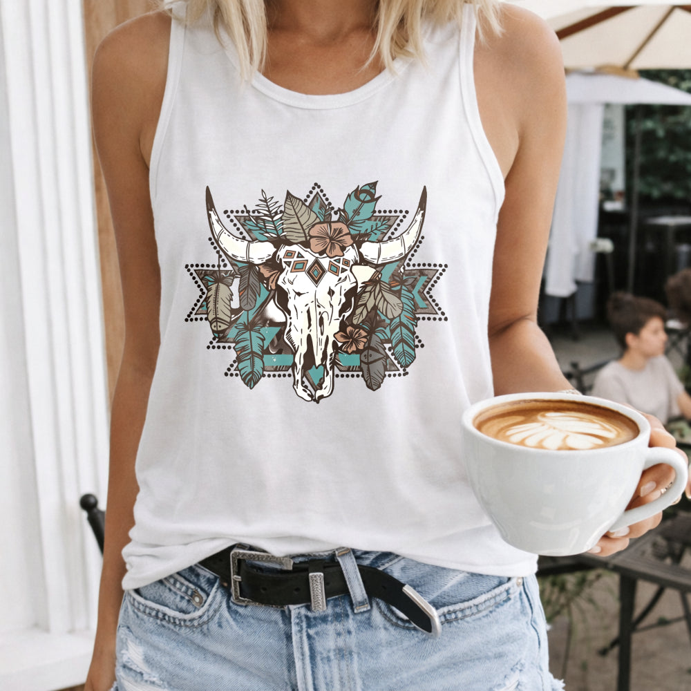 Western & Cartoon Cow Skull Women's Tank Top - product view