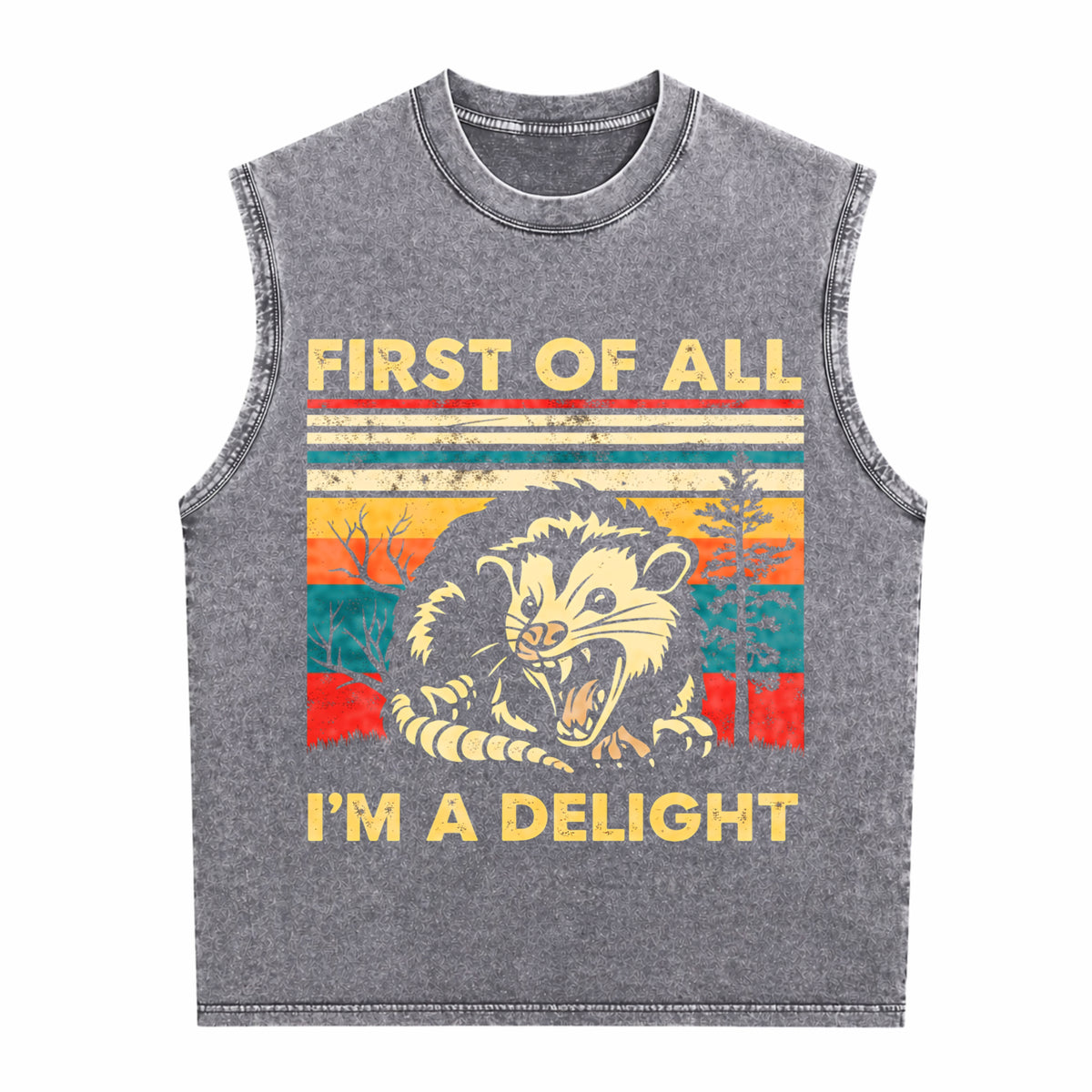 First Of All I'm A Delight Sarcastic Angry Opossum Men's Washed Tank Top - product view
