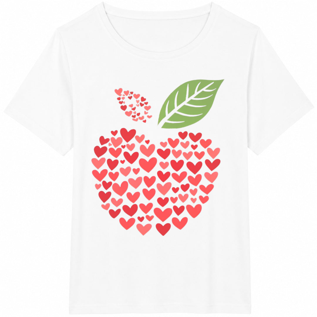 White With Red Heart & Green Leaf Apple Cotton T-Shirt - product view