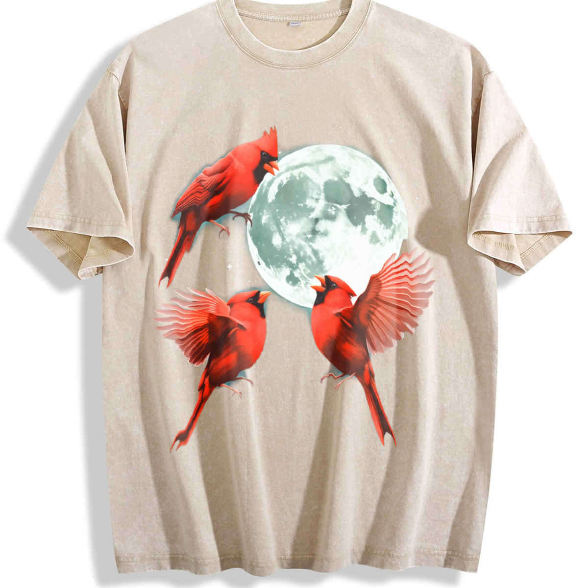 Red Cardinal Howling At Moon 90s Vintage Washed T-Shirt - Beige