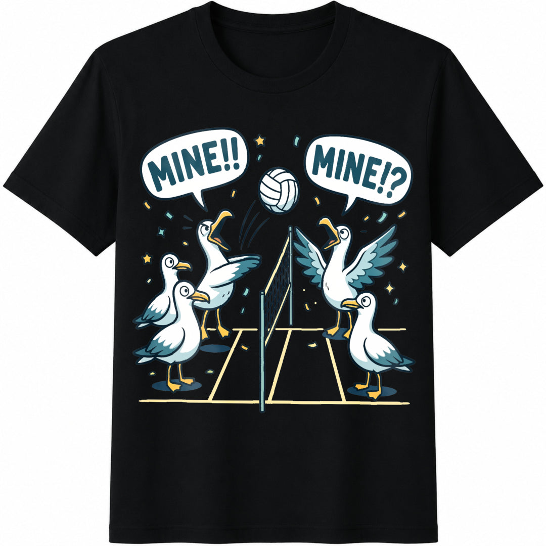 Funny Seagull Volleyball Cotton T-Shirt - Black
