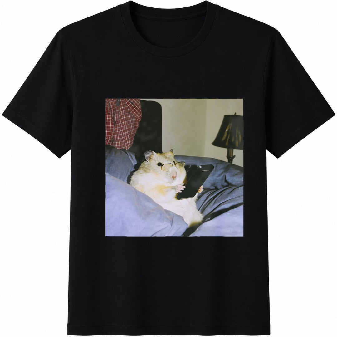 Funny Hamster Reading Cotton T-Shirt - Black