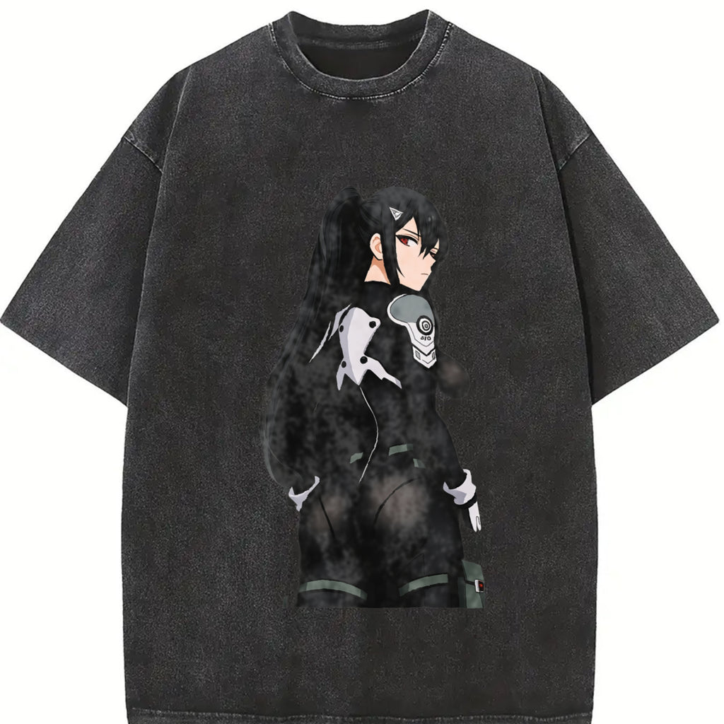 Mina Ashiro Kaiju No 8 Anime Double Printed Vintage Washed Tee Unisex Oversize Anime Manga Washed Heavyweight Cotton T-shirt