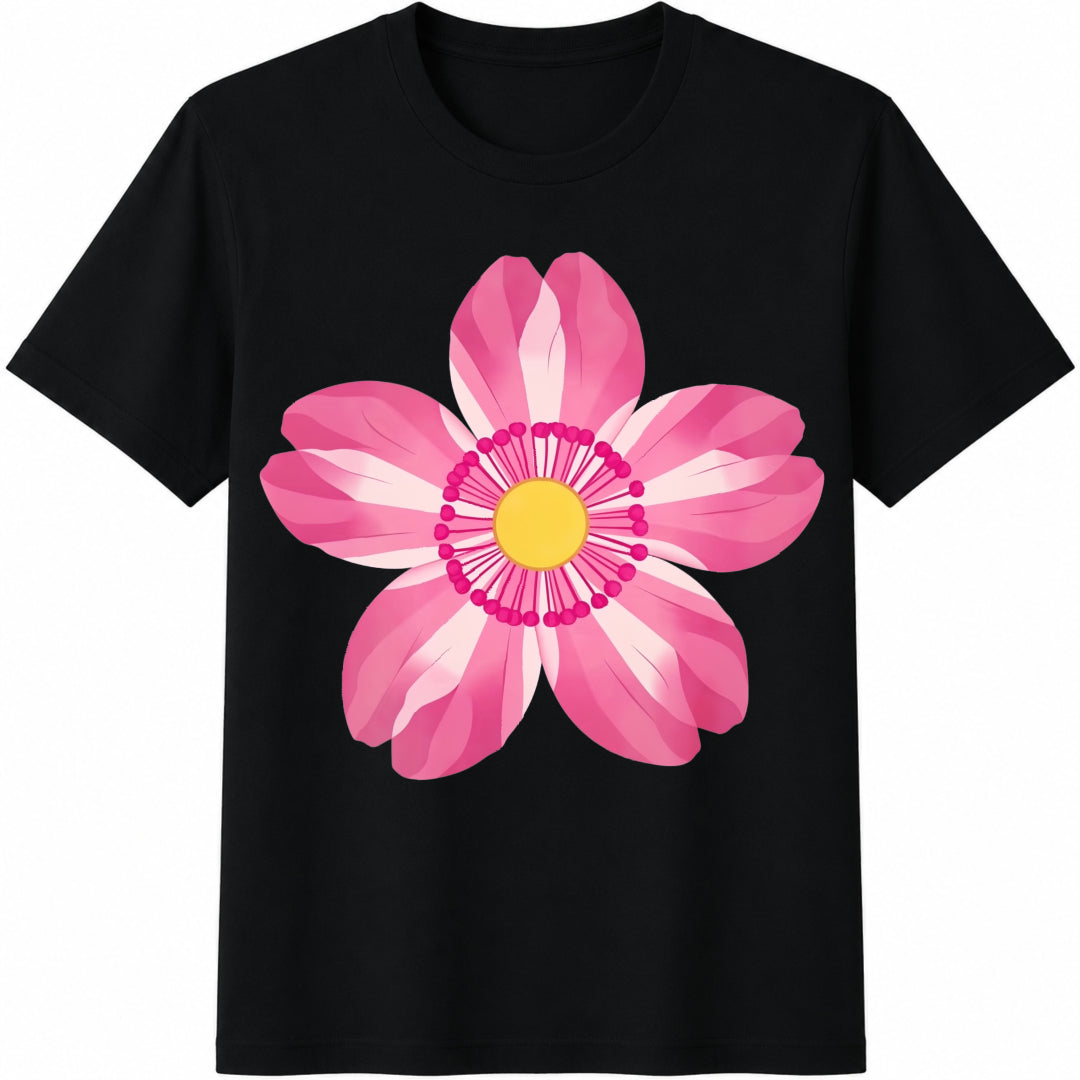 10piece--symmetrical Vibrant Pink Flower Sports Cotton T-Shirt - Black
