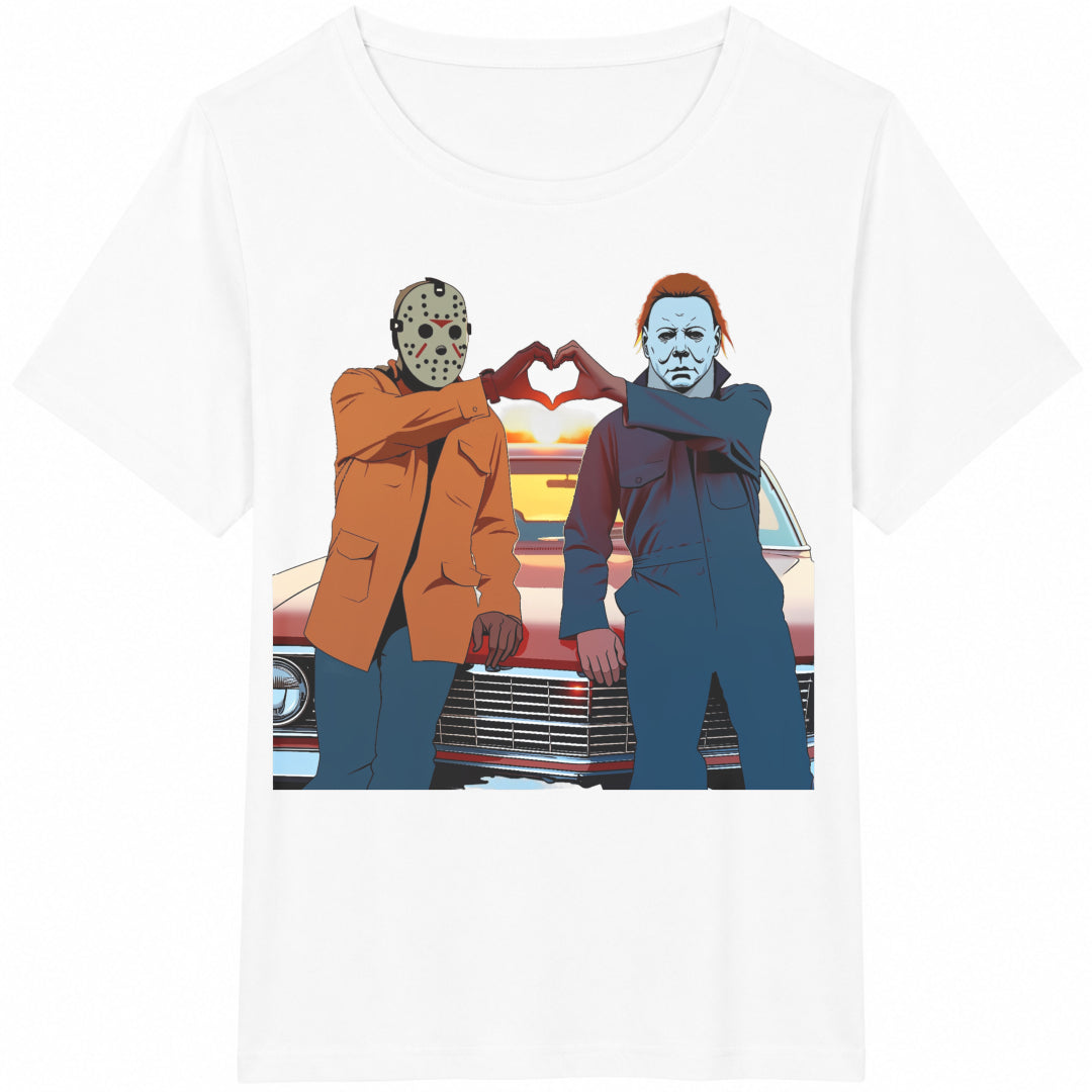 90s Horror Movie Michael And Jason Heart Hands Funny Halloween Cotton T-Shirt - product view