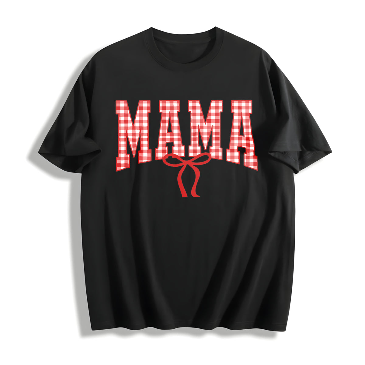 Mama Gingham Bow Cotton T-Shirt - Black