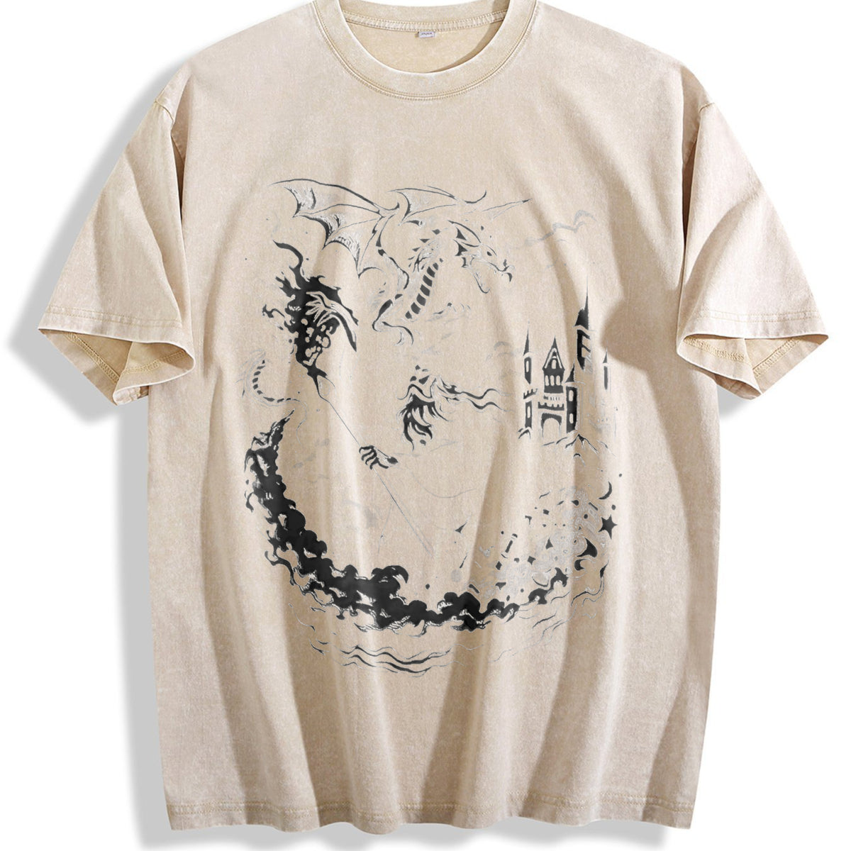 Wizard Dragon Gothic Fantasy Castle Sorcerer Magic Vintage Washed T-Shirt - Beige
