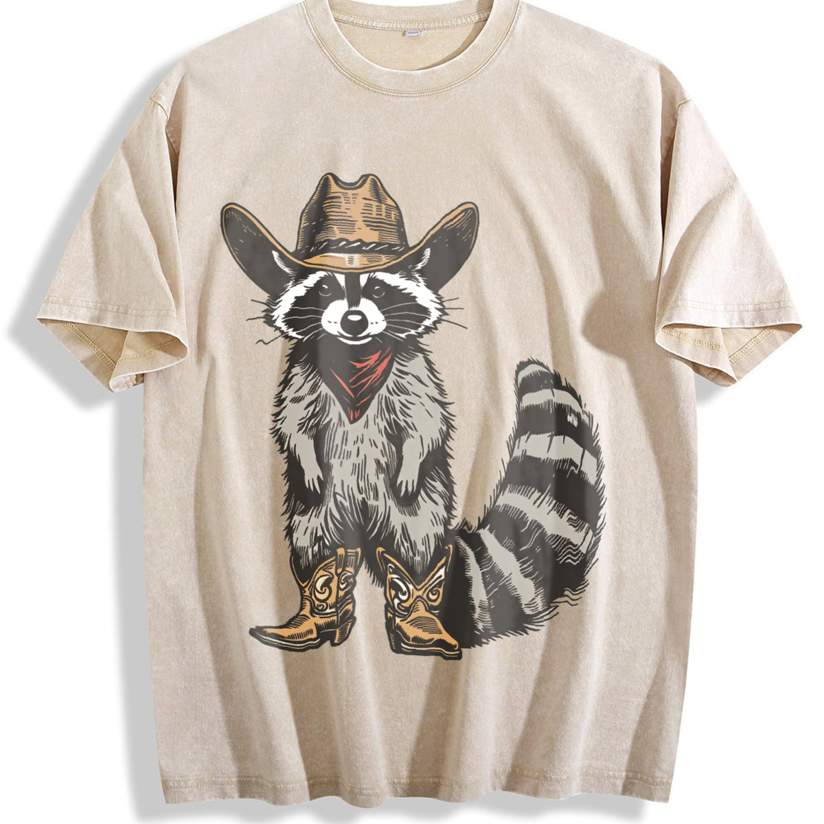 Raccoon Cowboy Vintage Washed T-Shirt - Beige