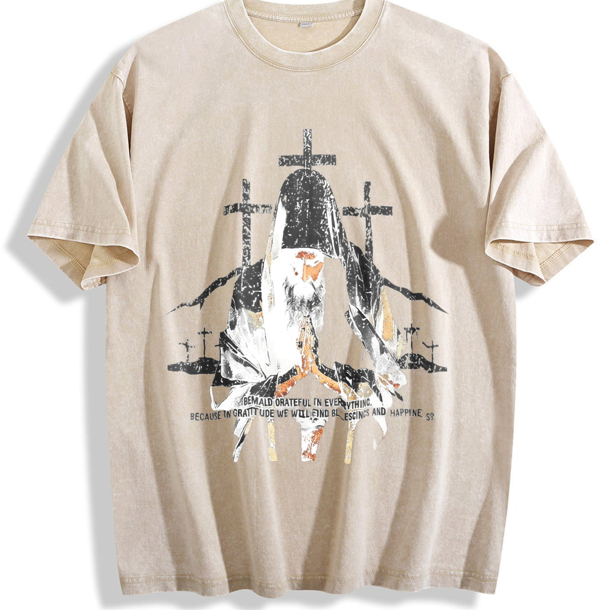 Religious Prayer Cross Black Grunge Vintage Washed T-Shirt - Beige