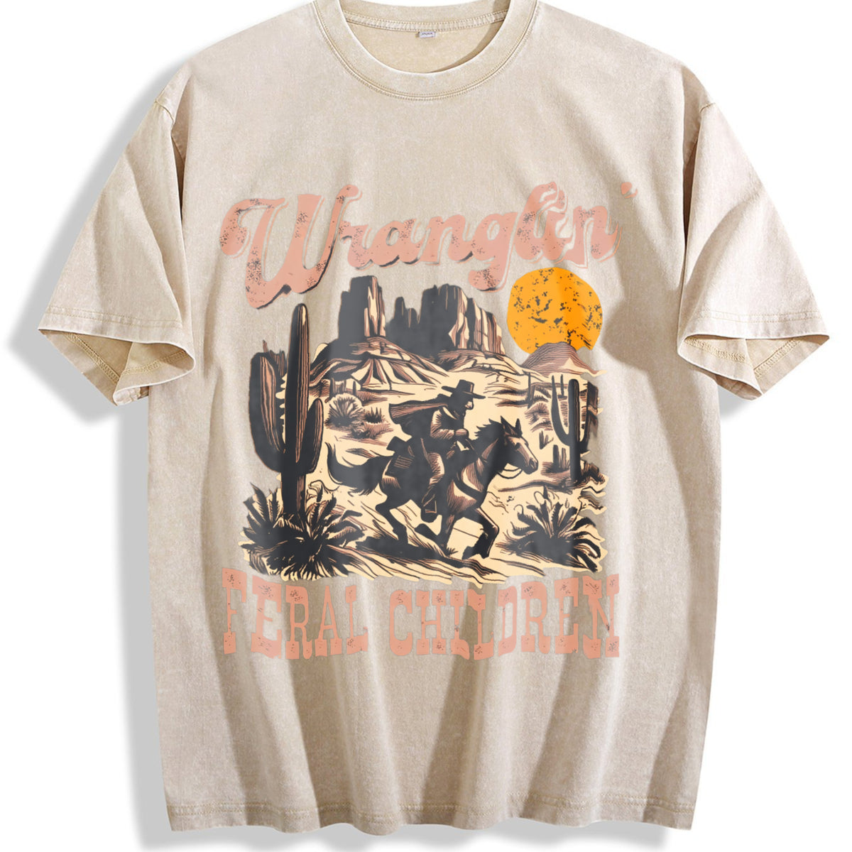 Wranglin' Feral Children Raccoon 90s Western Vintage Washed T-Shirt - Beige