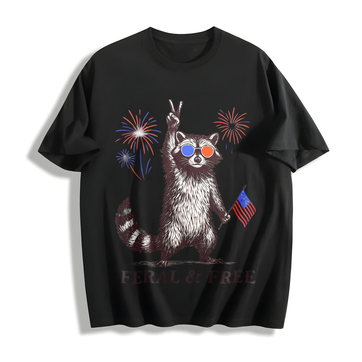 Feral But Free Raccoon Cotton T-Shirt - Black