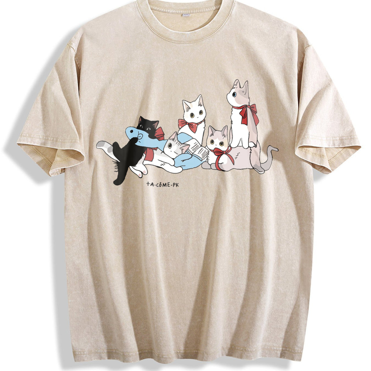 Interesting Cat Book Wishing You Happiness Vintage Washed T-Shirt - Beige
