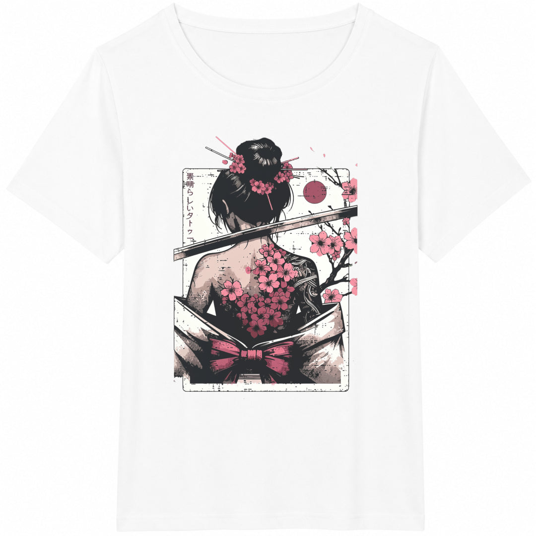 Japanese- Female Cherry Blossom Tattoo Art Geisha Cotton T-Shirt - product view