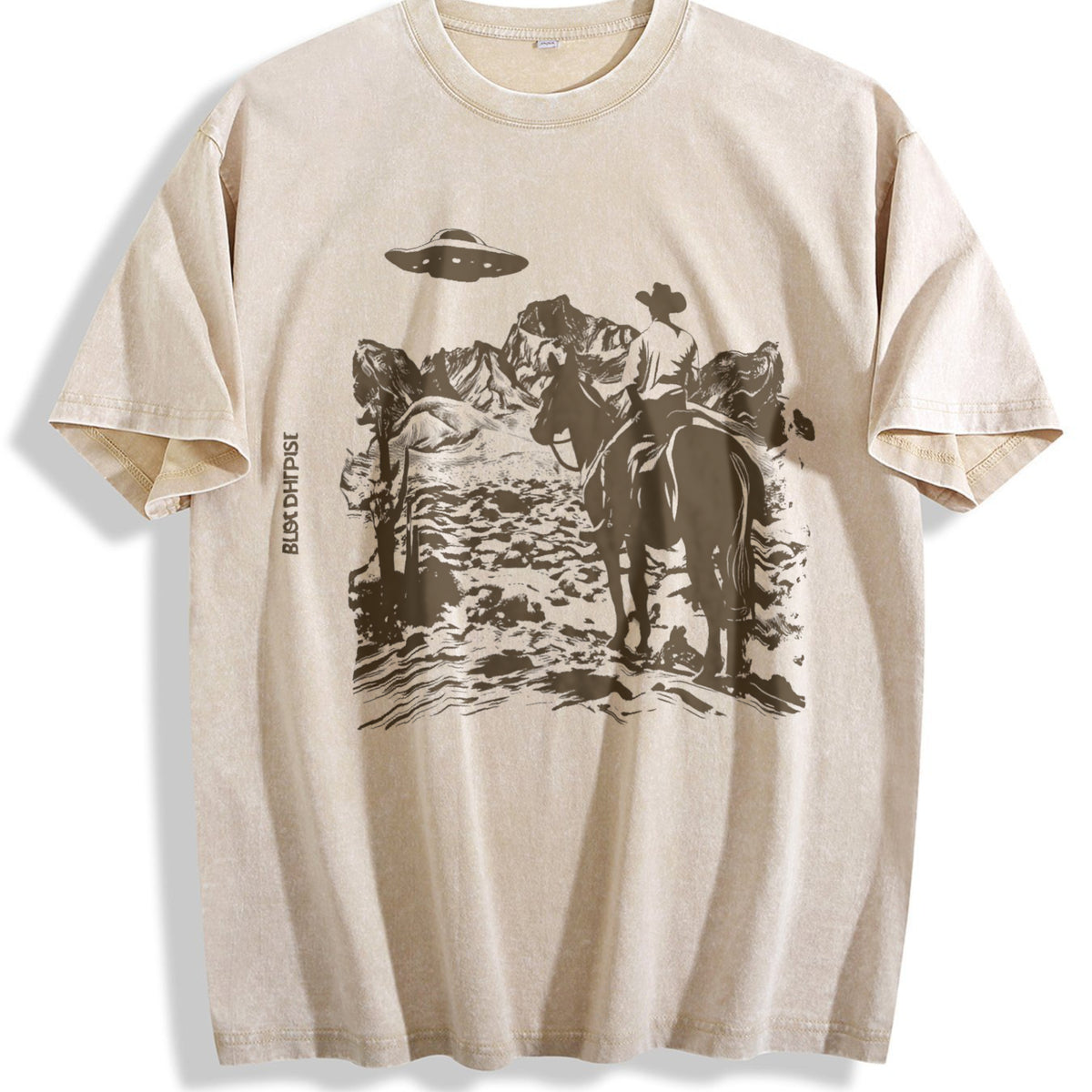 Western Cowboy UFO Vintage Washed T-Shirt - Beige