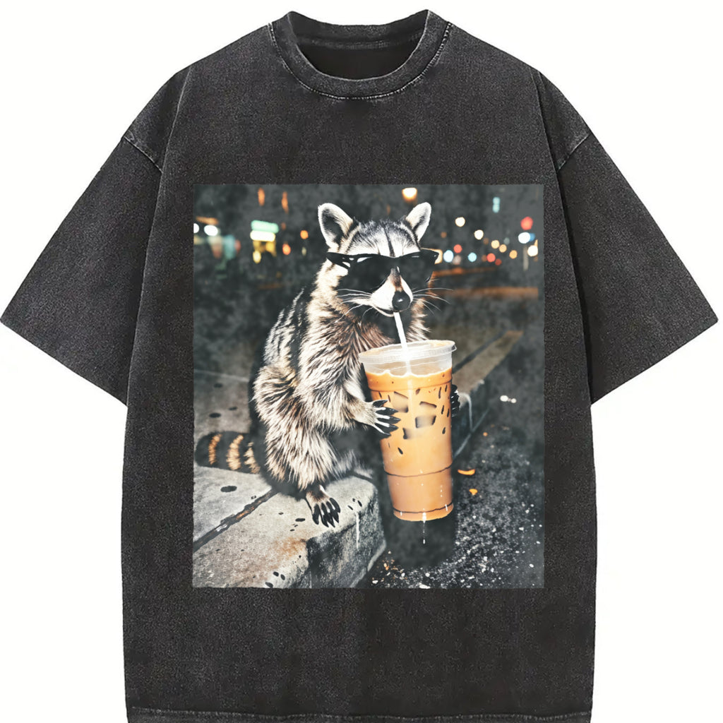 Comfort Colors Funny Raccoon Drinking Iced Coffee Shirt, Animal Meme Graphic Tee